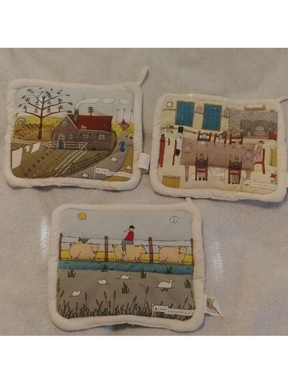 Set of 3 Vintage Taylor & NG Farm Scene Hot Pads 8x9 inches Rare!